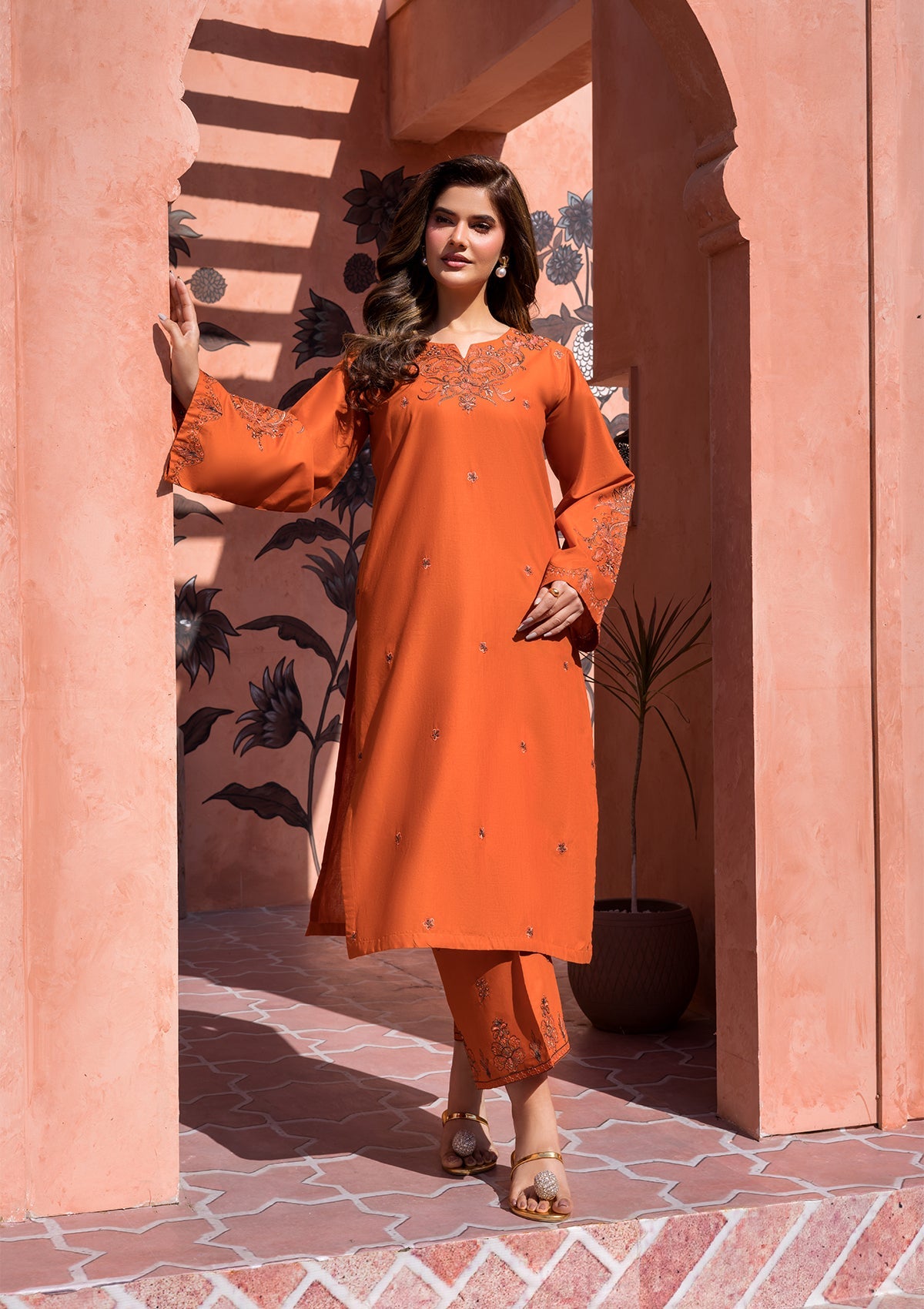 Burnt Orange Embroidered 2-Piece Suit