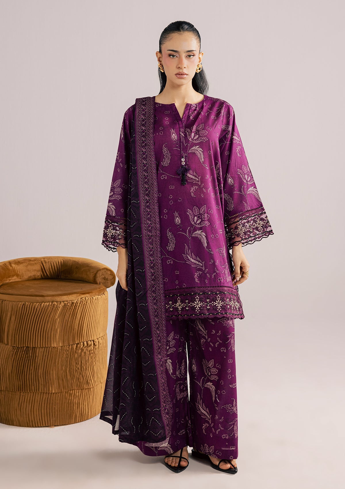 Plum Floral Embroidered 3-Piece