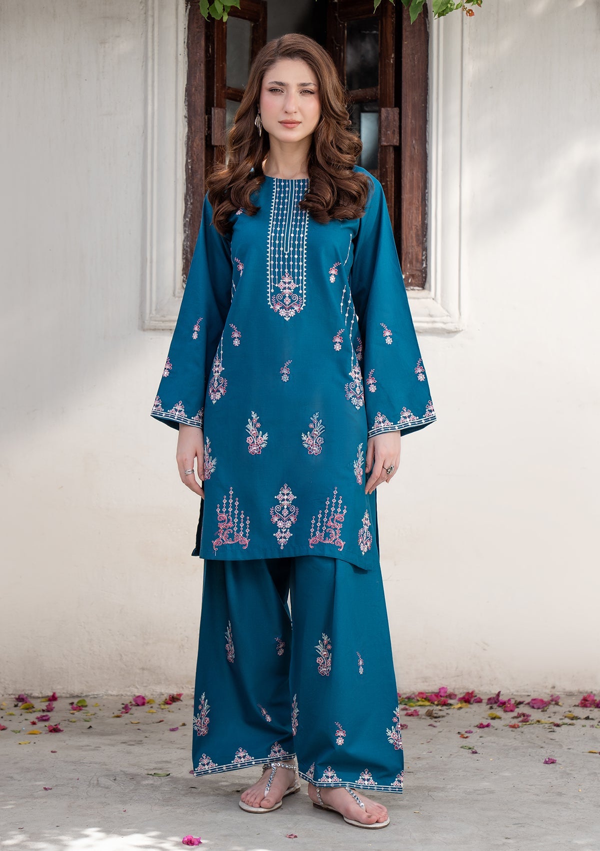 Teal Embroidered Cotton Kurta