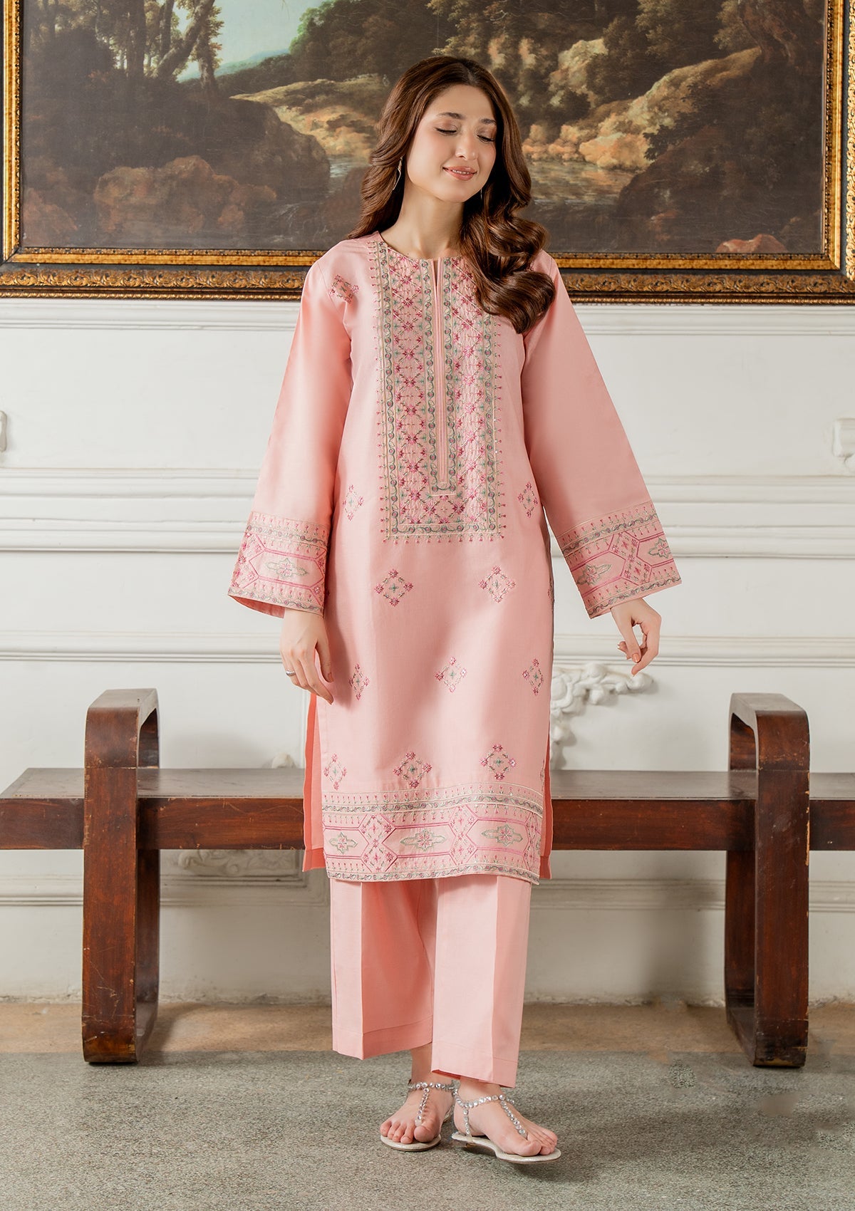 Printed Lawn Party Suit — Coral